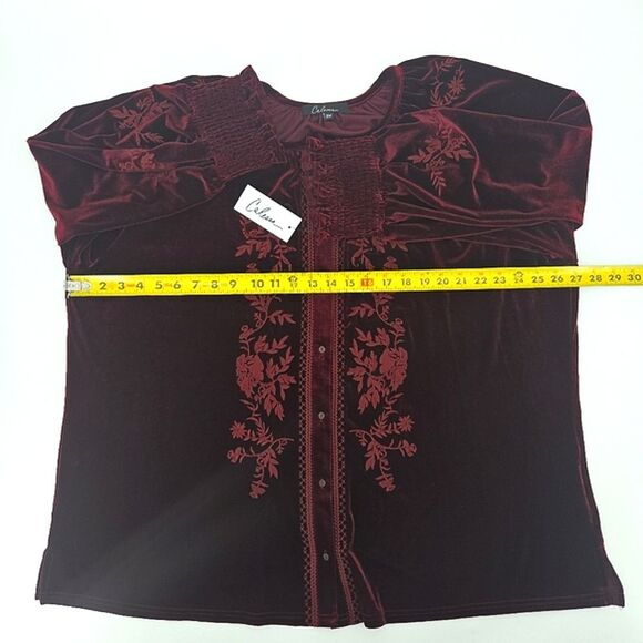 Calessa Button Up Down Shirt Womens Size 3X Red Floral Embroidered Velvet Boho - Picture 5 of 8